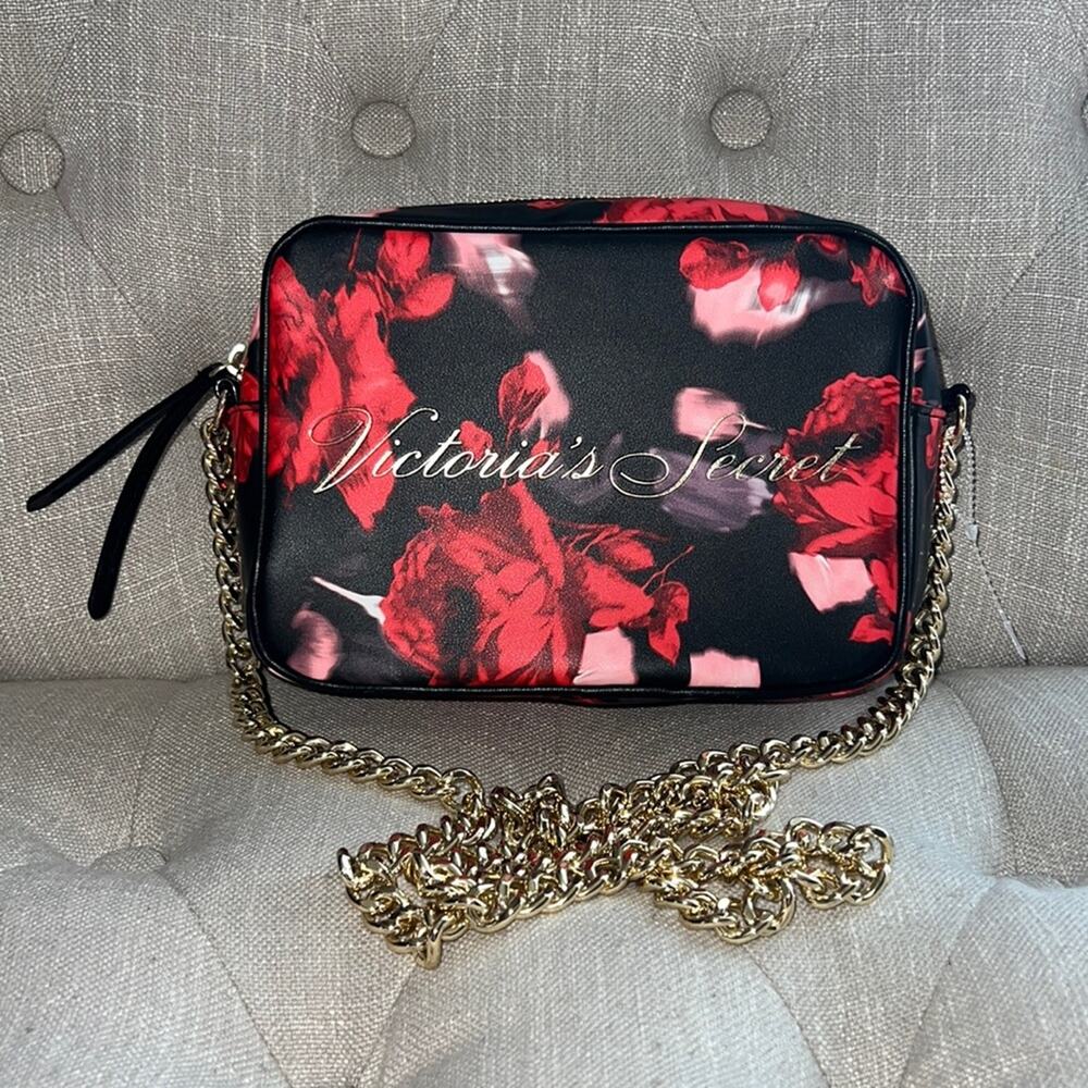 Victoria’s Secret Red & Black Floral Gold Chain Crossbody Purse